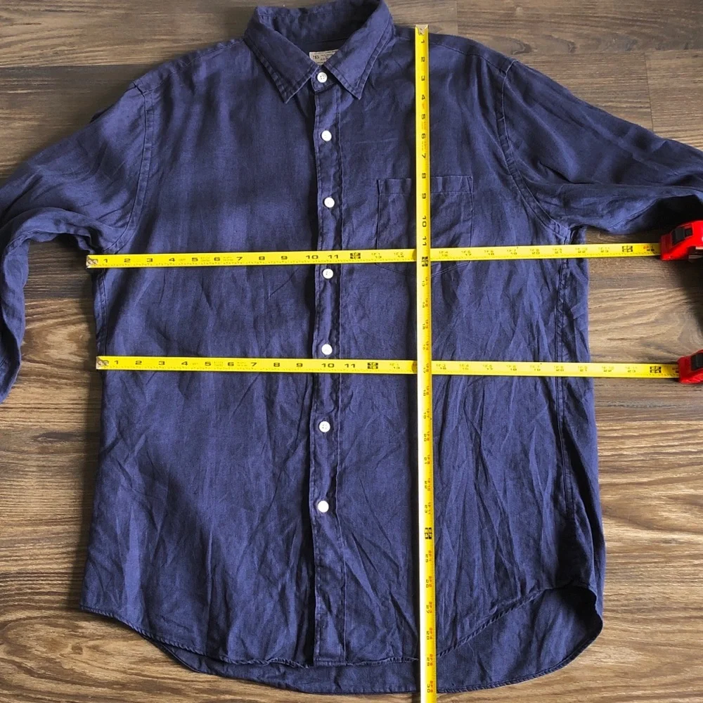J Crew Mens 100% Linen Shirt Button Front Long Sleeve Navy Blue Large